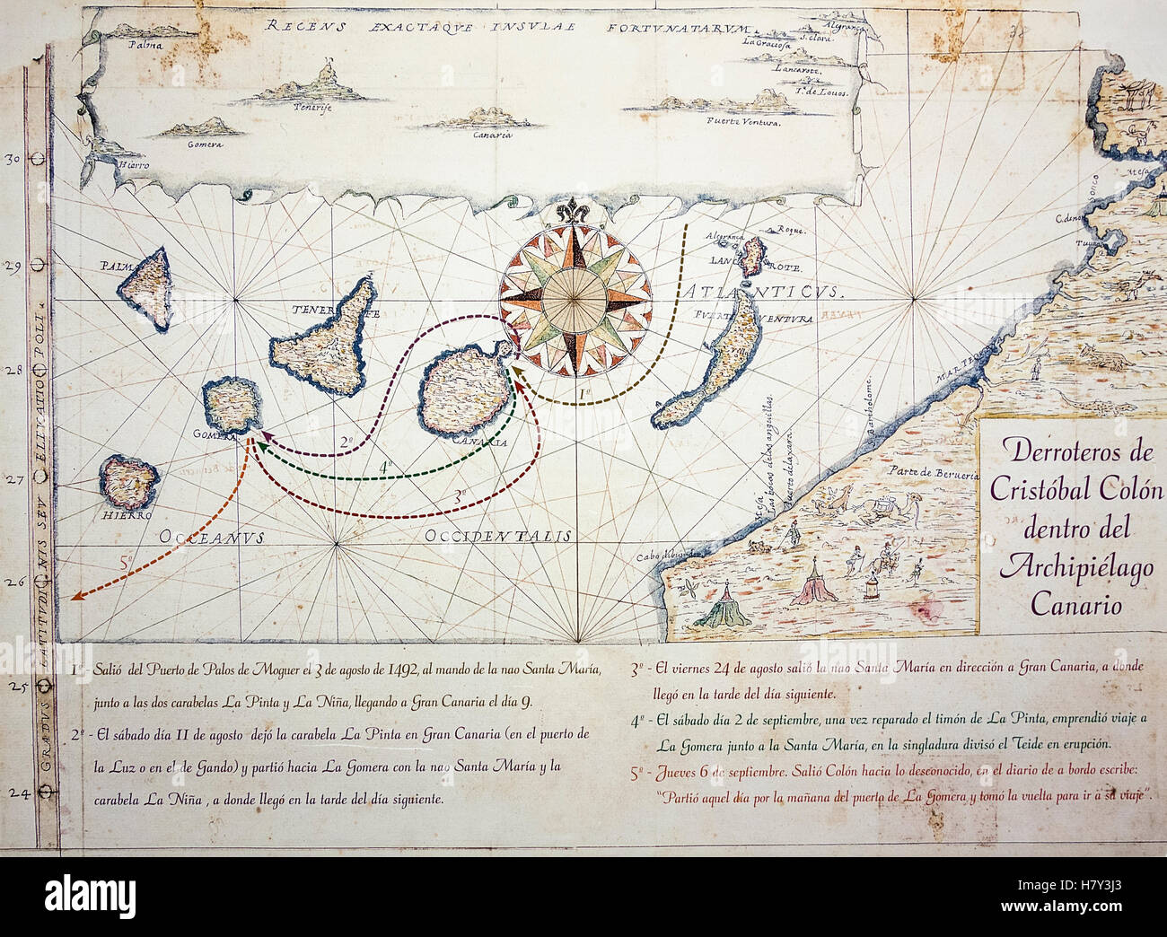 Nautical chart/map (circa 1635) depicting Christopher Columbus`s route in the Canary Islands en route to America. Stock Photo